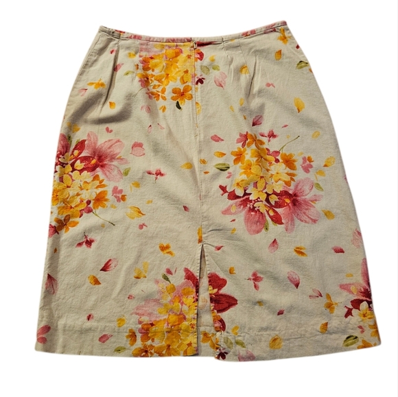 Vtg Liz Claiborne Floral Beige Pink Print Women's Skirt Linen Back Split Sz 16 - Picture 2 of 5